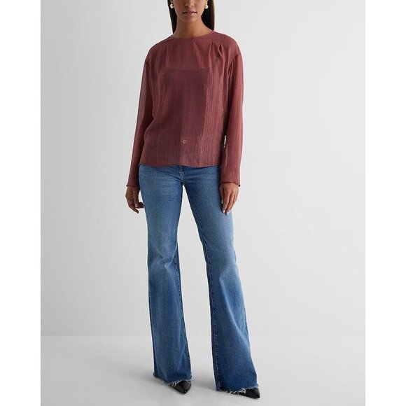 Express Womens Metallic Sheer Gathered Shoulder Long Sleeve Top Size XS NWT $54 - Picture 4 of 16